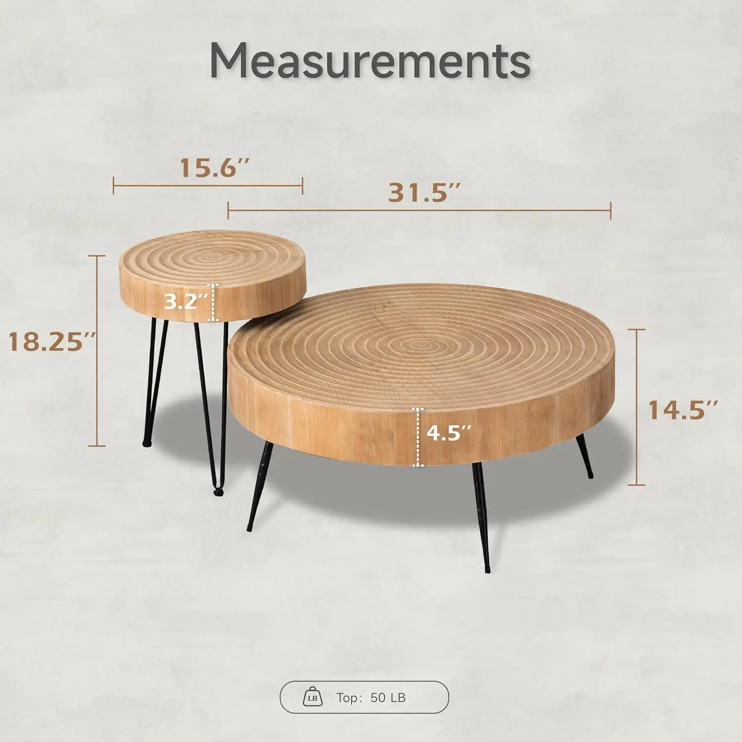 2Piece Modern Farmhouse  Coffee Table Set Nesting Table Round Natural Finish with Handcrafted Wood Ring Motif Wood Colour