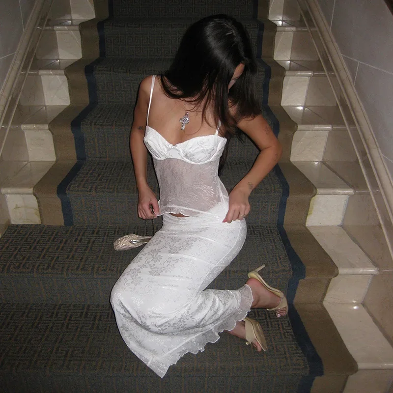 

Lace Backless Sexy Party Two Piece Set Crop Top And Midi Skirts Casual Bodycon 2 Pieces Set Women Summer Outfits