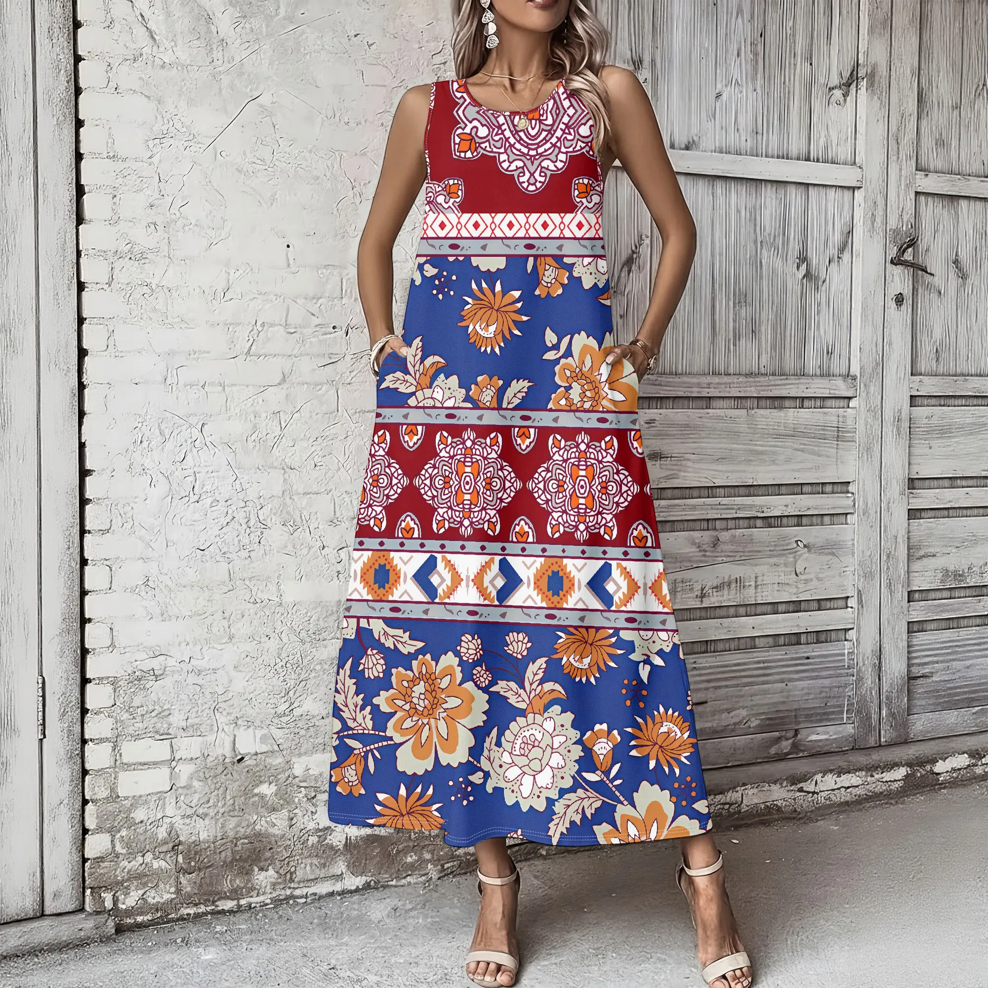 

Women's Summer Sleeveless Round Neck Long Dress, 3D Fashionable Printed Large Swing Dress.