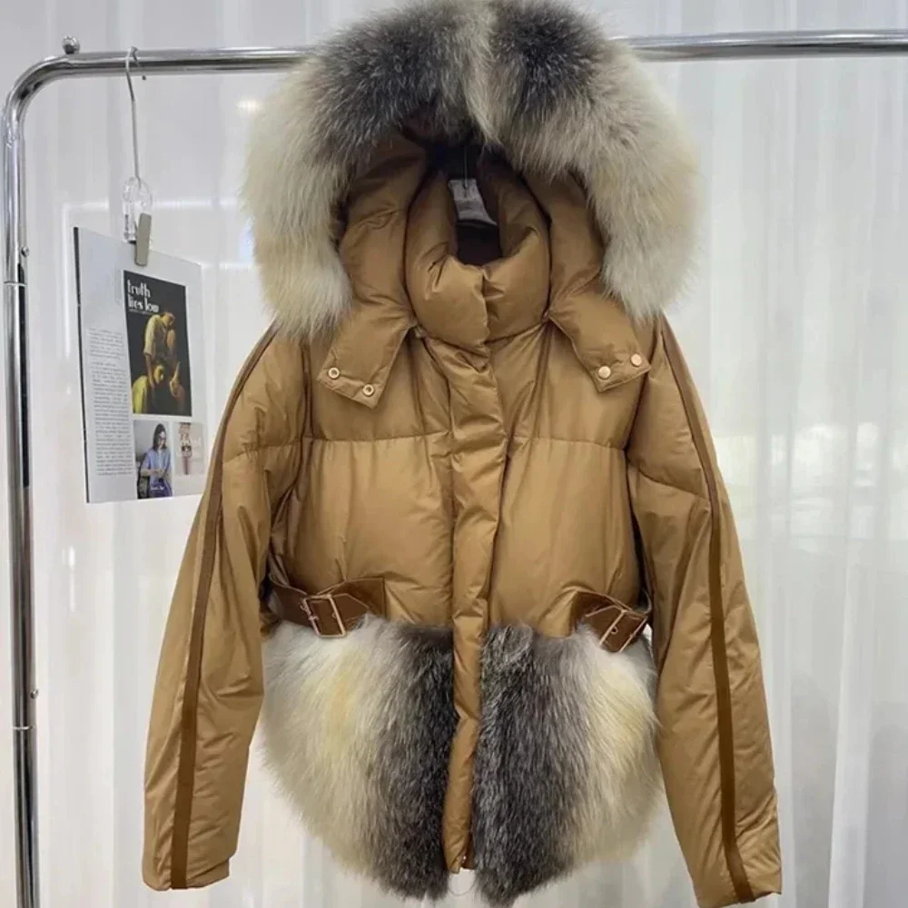 Winter Coats with Real Red Fox Fur Hood Collar Women Parka Loose Female Outwear Real Fur Jacket Women White Goose Down Coats