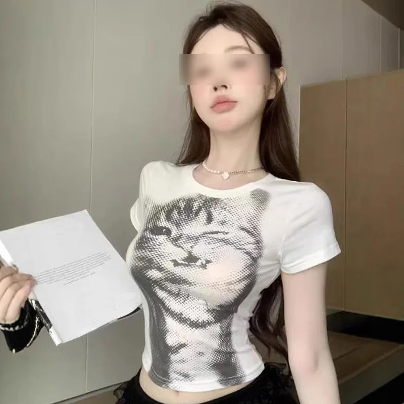 wild cat print low pixel round neck short sleeved T-shirt retro versatile slimming short top image 3