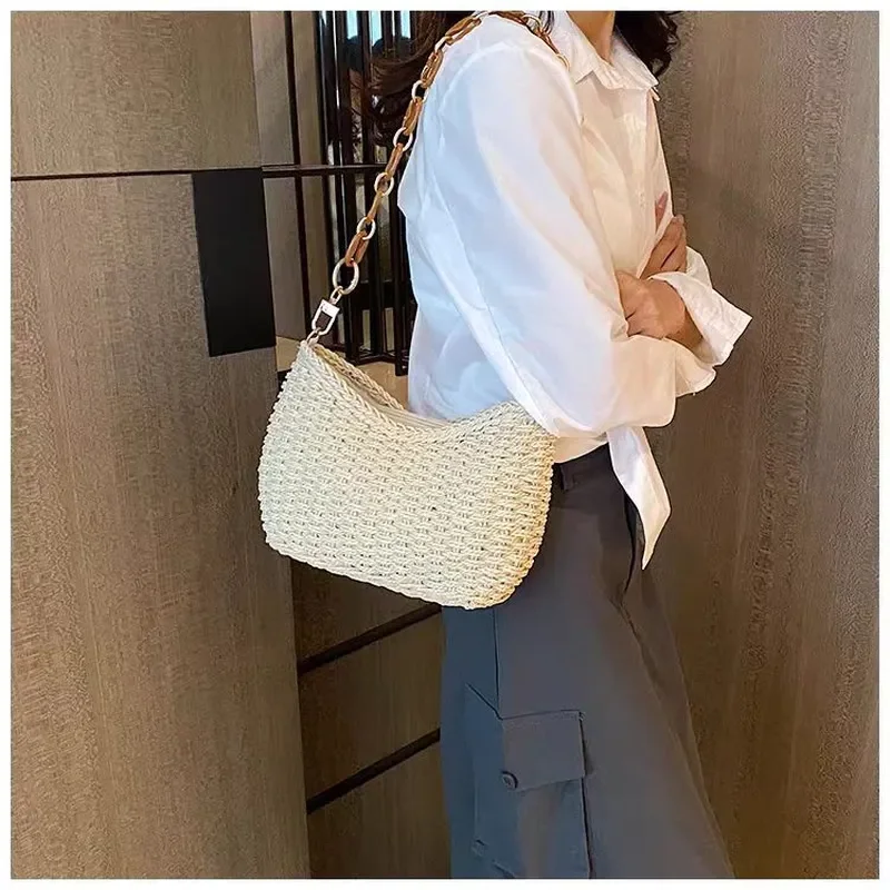 Straw Woven Shoulder Bag for Women Luxury Beach Vacation Handbag Portable Seaside Travel Accessory view 2