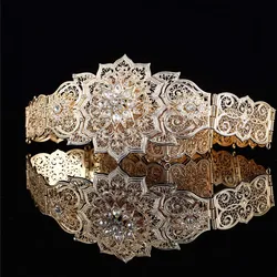 Classic Arabian Caftan Wedding Dress Waist Chain Cutout Crystal Flower Shape Metal Belt Adjustable Length Body Jewelry