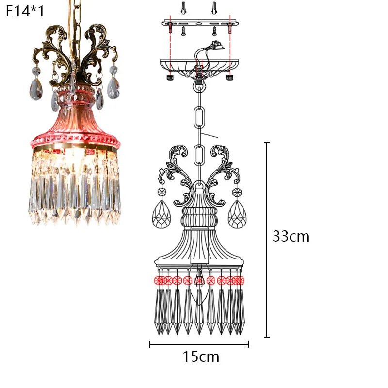 Franse kristallen kleine kroonluchter retro luxe slaapkamer nachtkastje hangend touw veranda gangpad gang balkon koperen hanglamp