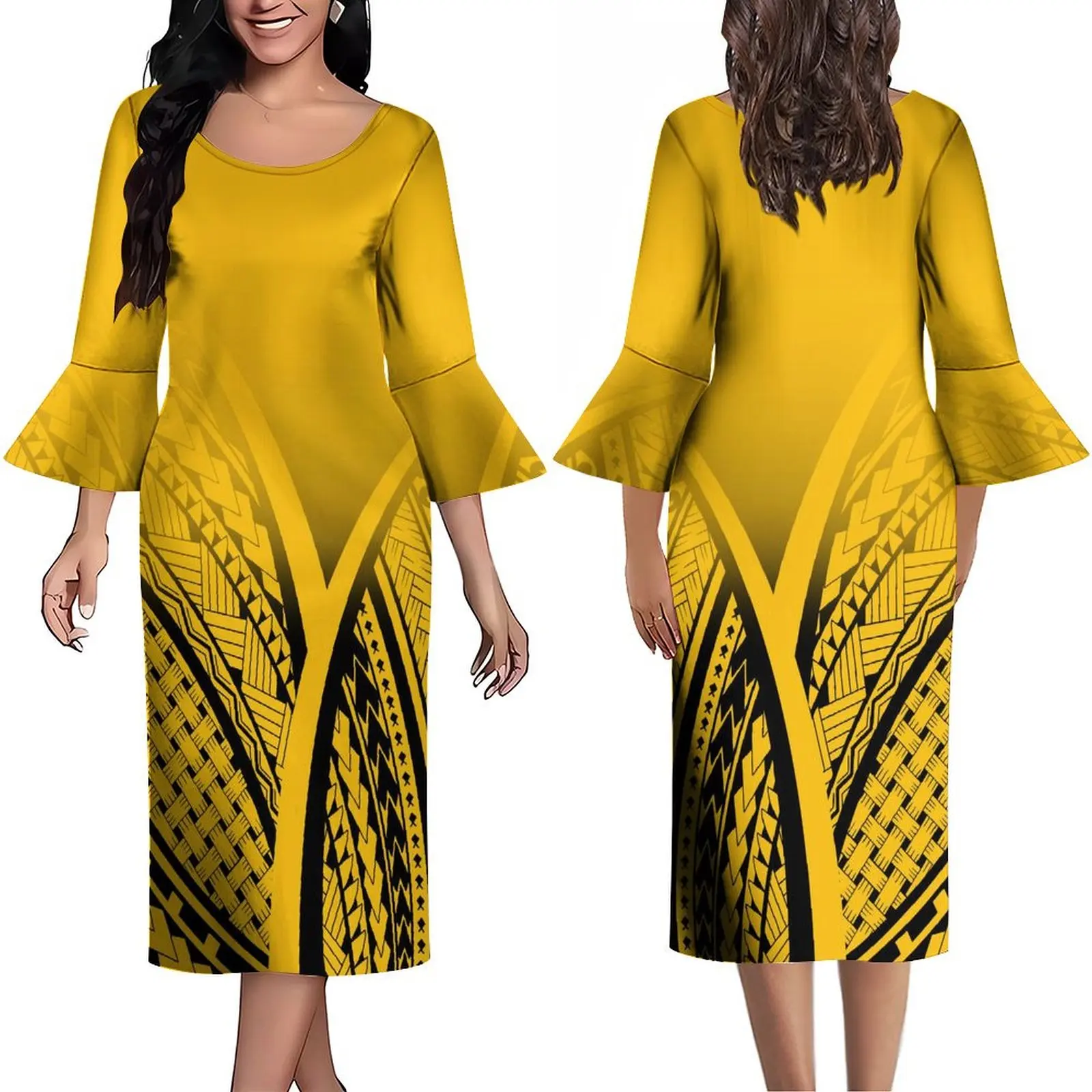 Women Polynesian Big O-Neck Dress Flared Sleeve Cute Hawaiian Style Samoan Tribal Clothing Yellow Pink Accept Customization