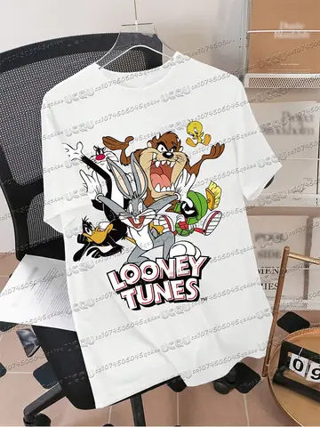 T-shirt med tryck och tecknat mönster från Bugs Bunny i bomull, rund hals, lös, andningsbar, sommartopp för kvinnor, avslappnad pendling 8 best sales Bugs Bunny T-shirt - №5