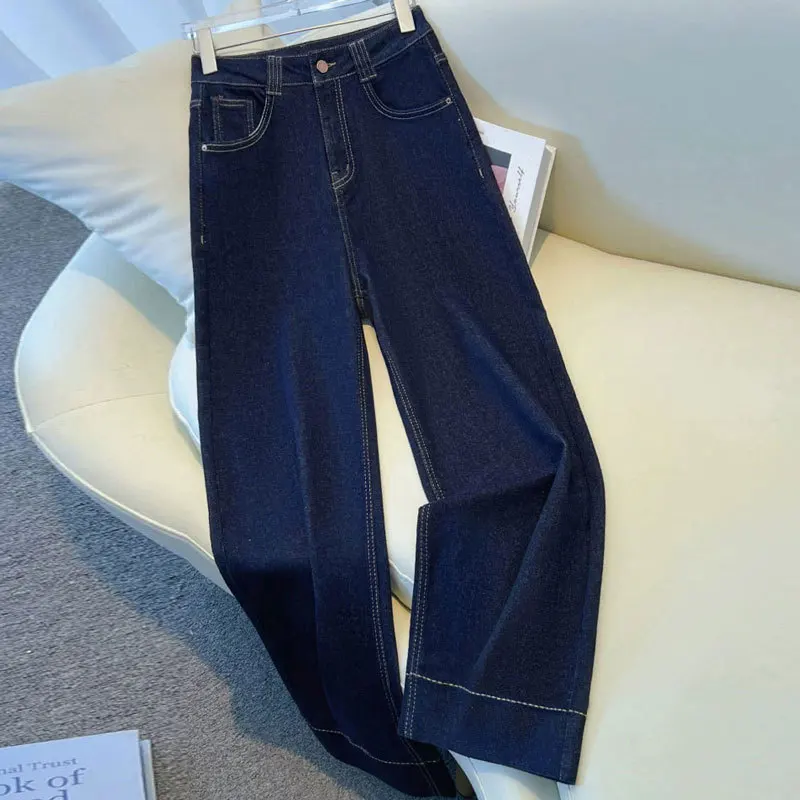 Pantaloni da donna Tasche con chiusura a cerniera con bottoni da donna Pantaloni da donna comodi Jeans casual a gamba larga a vita alta in denim blu navy alla moda