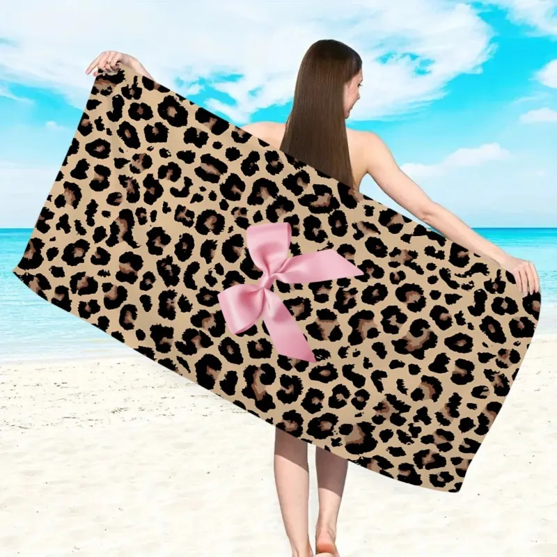 Leopard Print Beach Towel with Pink Bow, Quick Dry Soft Cotton, Stylish Leopard Print with Bow Accent for Summer Pool Use view 3