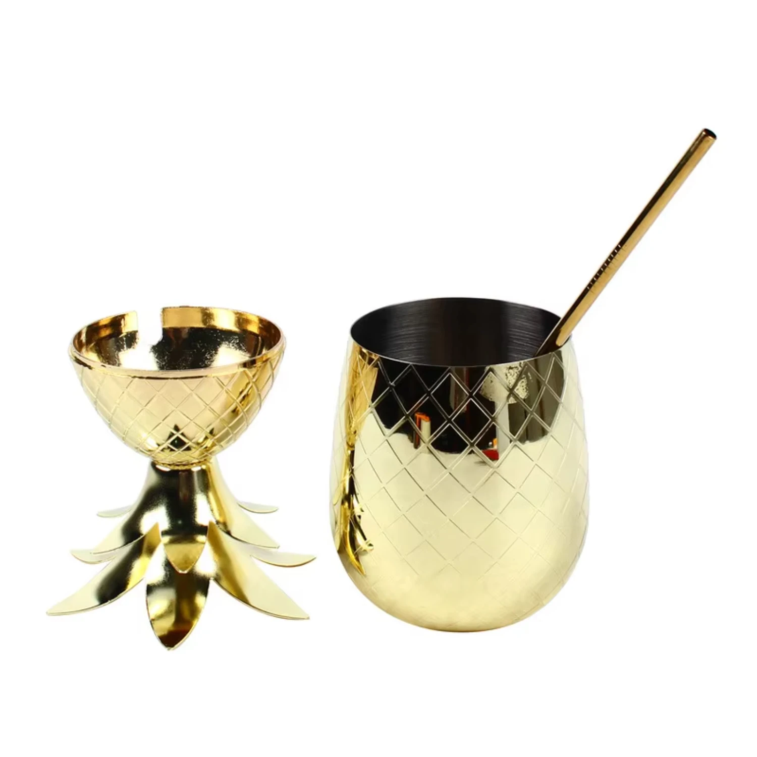 17 oz Stainless Steel Cocktail Cup Pineapple-Shaped w/ Straw & Lid Stainless Steel Cocktail Juice Mug