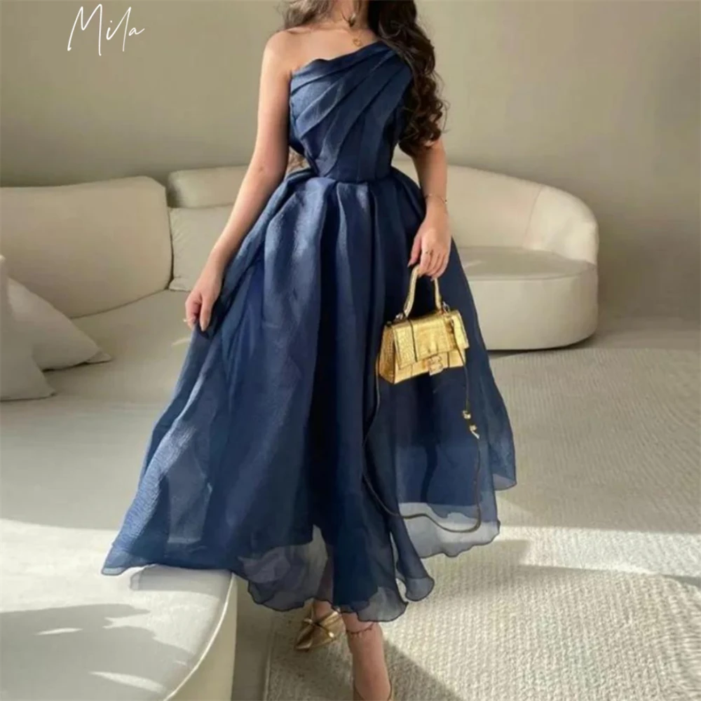 Mila Customized Navy Blue A-line One Shoulder Pleats Formal Evening Sleeveless Prom Dress Tra-length Vestidos De Fiesta 2026