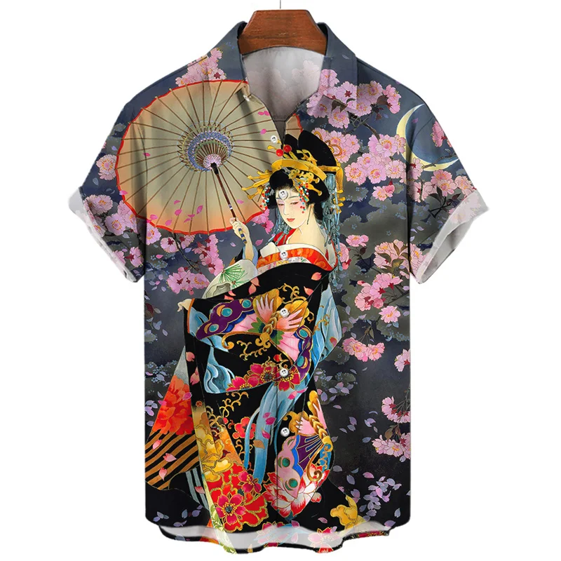 Japanese 3d Printed Geisha Shirt For Men Clothing Street Loose Oversized Short Sleeved Tops Summer Casual Lapel Hawaiian Shirts