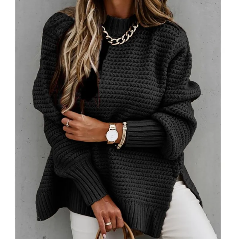 New Autumn Winter Women\'s Half-turtleneck Sweater Solid Color Glove Head Side Slit Knitted Fashion Trend Commuter Sweater