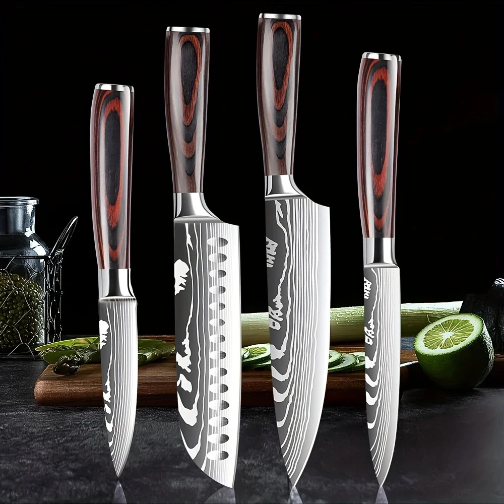 4 PCS Kitchen Knives Set Chef Knife Sets 4Cr13 Stainless Steel Damascus Pattern Pakkawood Handle Paring Utility Santoku Knives
