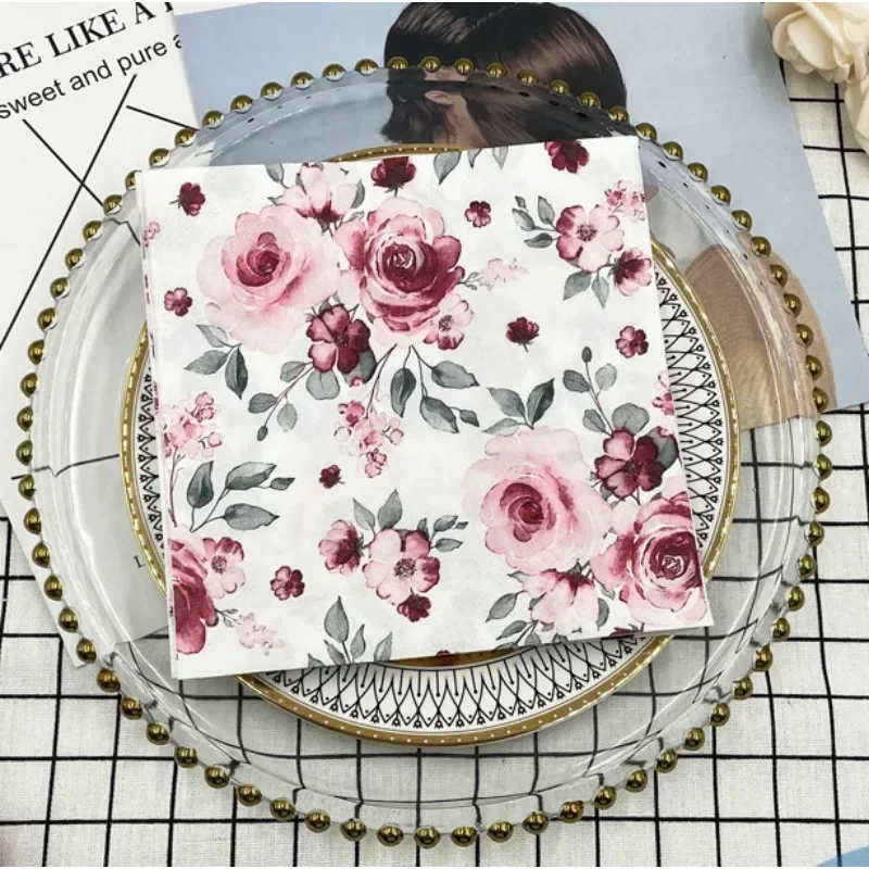 Colourful Printed Napkins Red Flower Wedding Paper Wine Glass Flower Paper Party Restaurant Paper Placemats 20pcs/pac 2-ply 33cm