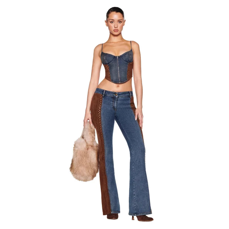 

IIA Denim Faux Leather Patchwork Zipper Tight Top Bot Set Long Pants Tee Piece Set Polyester Fiber Sve Length Seven