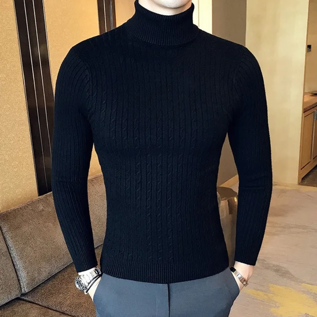 Jesienno-zimowe swetry z golfem Ciepłe, jednokolorowe męskie swetry Slim Pullover Męskie swetry z dzianiny Koszula z dołem