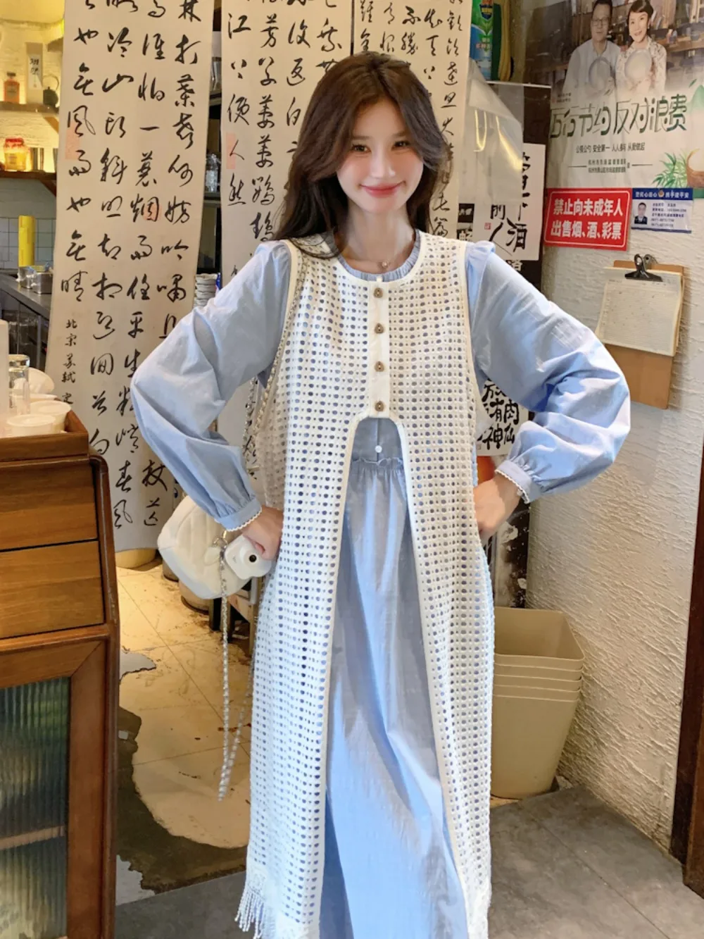 Vestido de camada azul chiffon camisa vestido com franja bainha sobreposição início do outono estética feminina estilo etéreo núcleo sillage