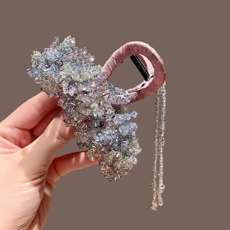 Handmade Starry Sky Crystal Hair Claws with Tassel Back Head Full Hairpin Hair Clips Sweet Shark Clip Women Hair Accessories