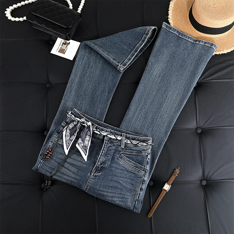 

Dark Blue Flared Jeans for Women, Autumn Hot Item, Versatile Loose High Waist Slim Fit Stretch Flared Pants