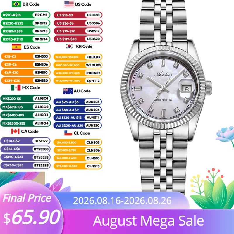 ADDIES Stainless Steel Date Display AW25905 Wristwatches Czech Rhinestones Sapphire Glass Watches Waterproof Gold Watch Ladies