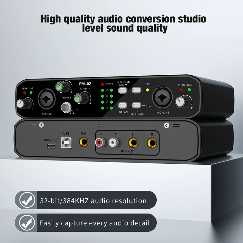 Audio Interface With Microphone 48V Preamp 32-bit/384KHz Audio Resolution For Electric Guitar Live Professional Studio Singing