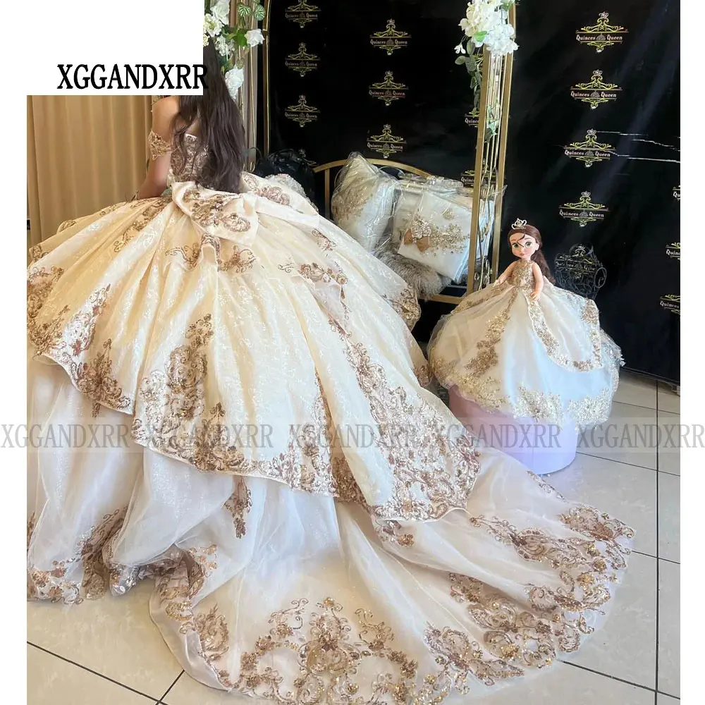 Vestido de quinceañera con hombros descubiertos de encaje dorado de lujo, vestido de baile, apliques florales, corsé de tul de encaje para dulces 15 niñas, vestido de fiesta