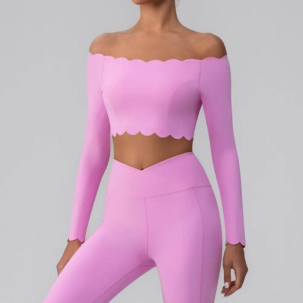 Women Yoga Shirts Crop Top Long Sleeves Sexy Lace Off Shoulder Shirts Yoga Sports Fitness Running Gym Workout Tight Tops