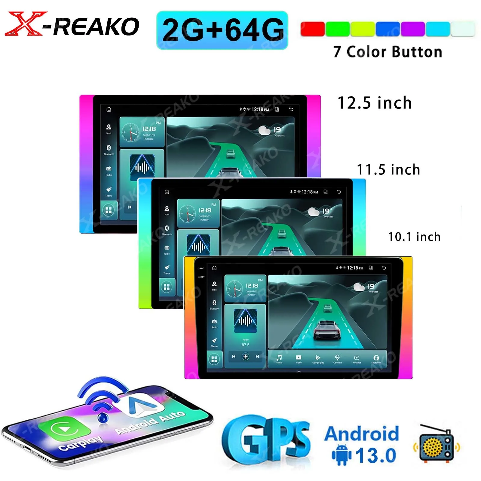10.1/11.5/12.5 بوصة شاشة 7 ألوان ضوء راديو السيارة أندرويد 2 Din مشغل وسائط متعددة Carplay أندرويد ملحقات السيارات نظام تحديد المواقع صوت السيارة