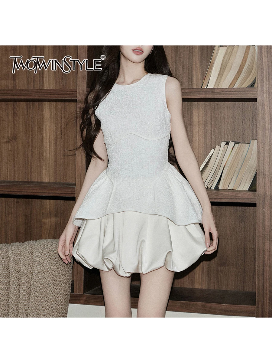 

TWOTWINSTYLE Patchwork Folds Two Piece Sets for Women O Neck Sleeveless Top High Waist A Line Skirt Solid Set Female Fashion New