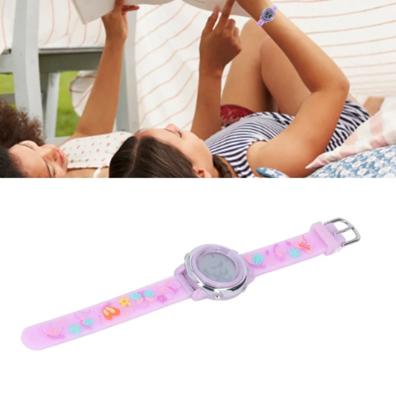 LED enfants montre étanche rétro-éclairage dessin animé numérique enfant montre avec réveil chronomètre pour 3 à 10 ans violet clair