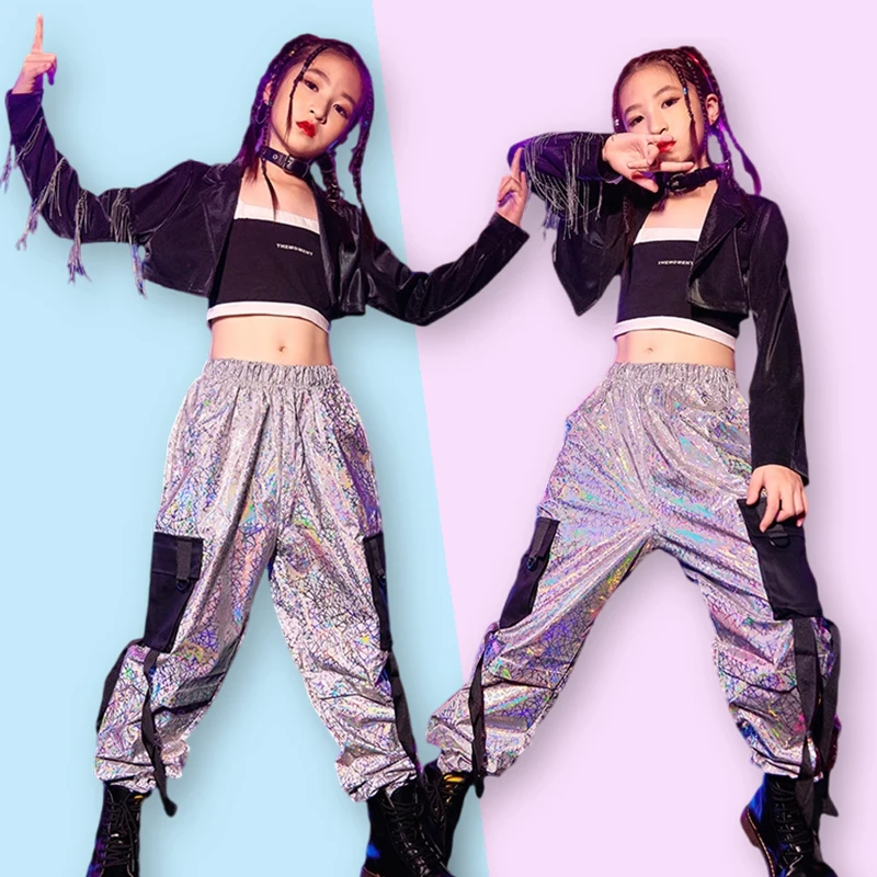 

Hip Hop Jazz Dance Costume Girls Kpop Stage Outfit Tassel Black Jacket Bright Cargo Pants Fashion Show Clothes Street Dance Wear