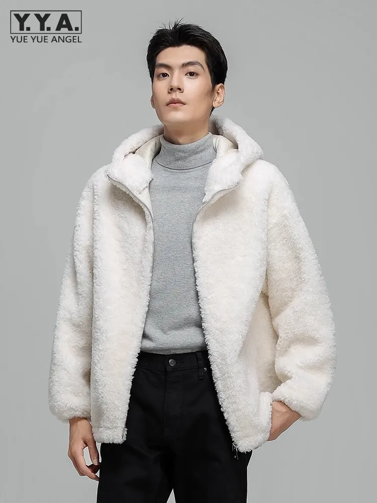 

Italian Designer Mens Hooded Real Sheep Fur Overcoat Thick Warm Loose Fit Natural Wool Coat Casual Streetwear Winter Jacket Cap