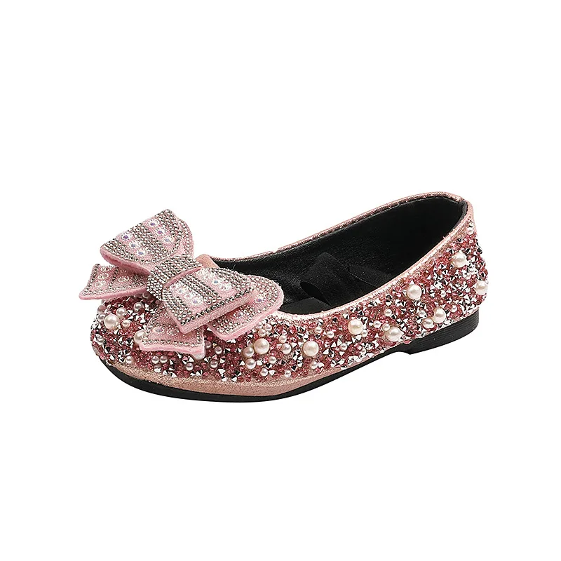 AINYFU New Kids Pearl Party Shoes Baby Girl Leather Shoes Children Rhinestone Bow Princess Shoes Breathable Wedding Shoes J315