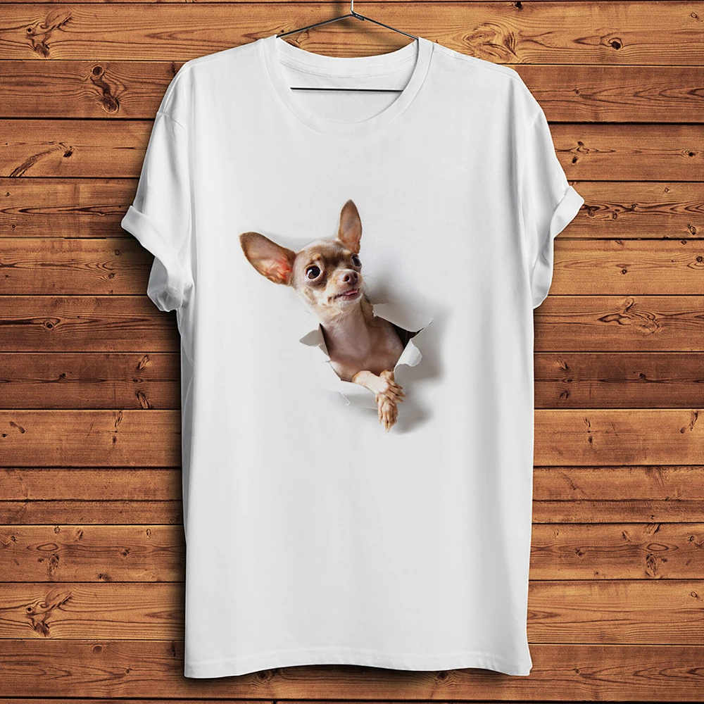Cute Chihuahua Dog Break Out Vivid 3d Vision Tshirt,White Casual Short Sleeve T Shirt Homme,Funny Unisex Tee Breathable Print