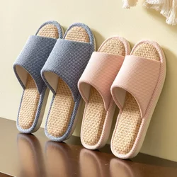 Home Linen Slippers Men Women Couples Soft Thick Bottom Indoor House Anti-Slip Breathable Hemp Slides Japanese Style Shoes