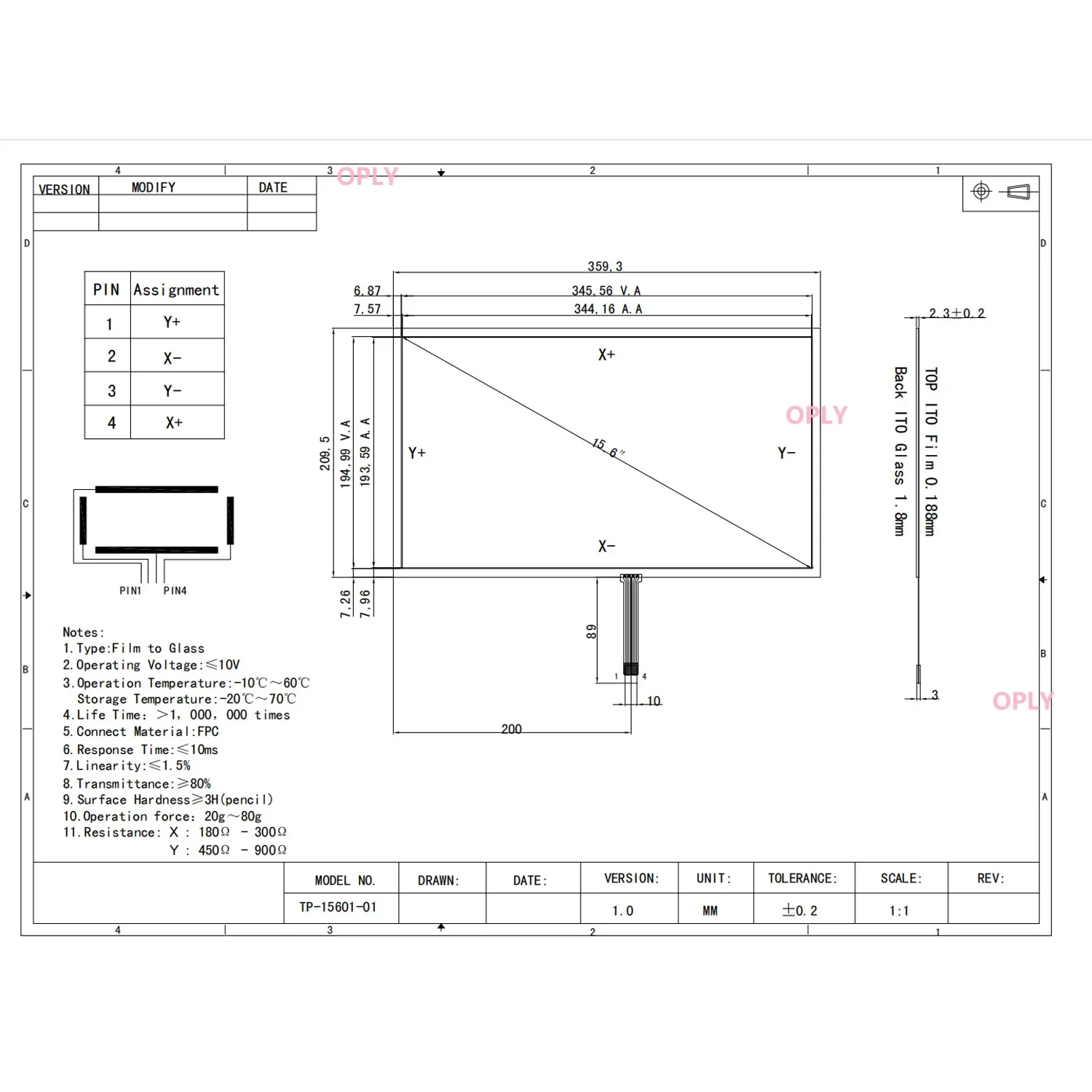 TP sensor digitizer for industrial multimedia TP-15601 15.6