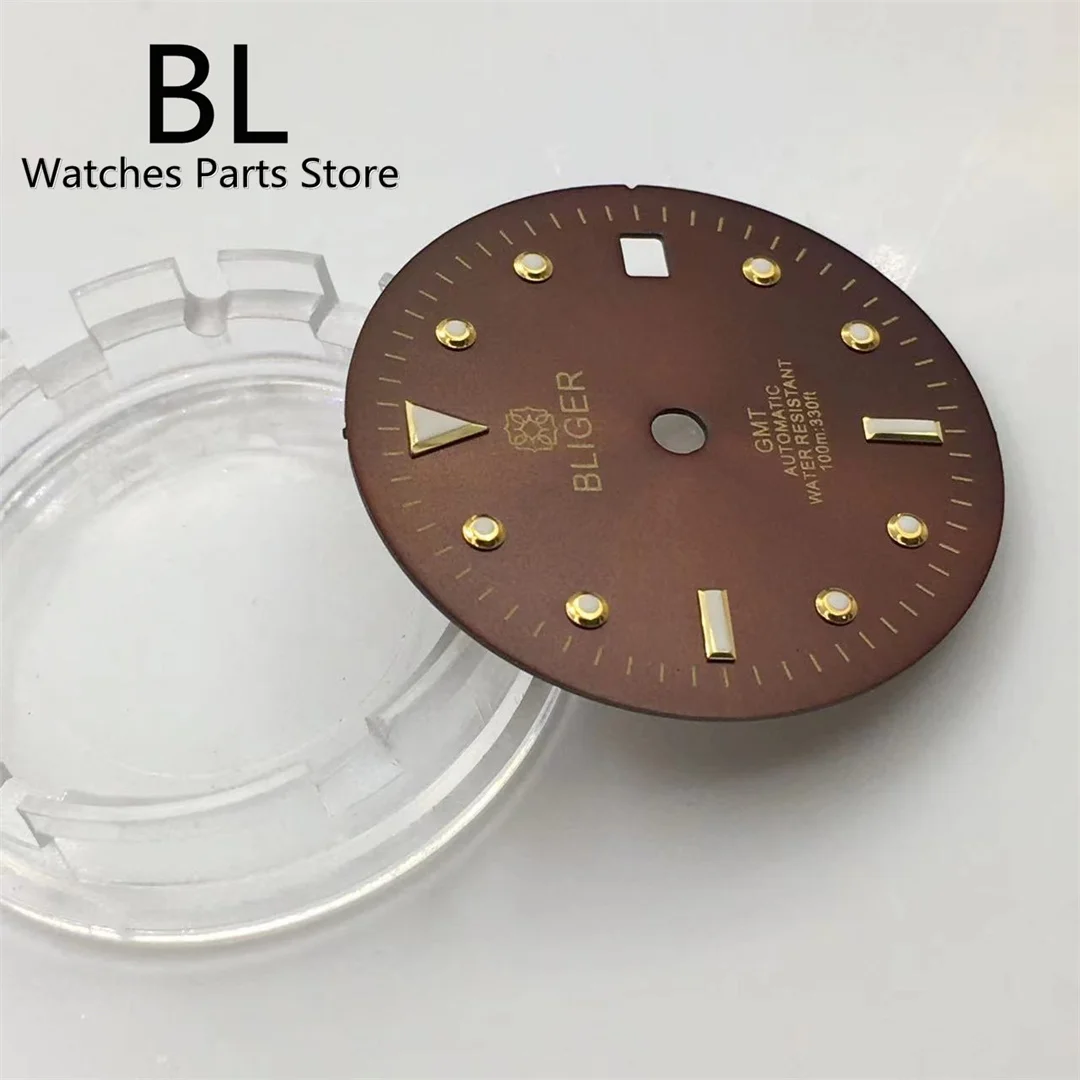 BLIGER 28.5mm Sterile Brown Watch Dial Green Luminous Fit NH34 NH35 ETA Miyota PT5000 Movement Date Function At 3 O\'clock