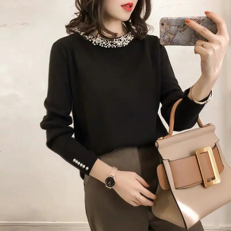 2022 New Spring And Autumn Handmade Bead Round Neck Knitted Sweater Women\'s Long Sleeve Temperament Thin Top