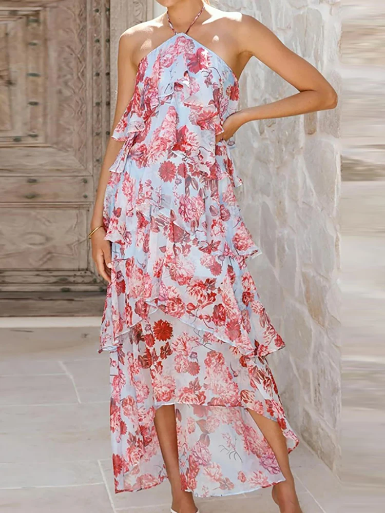 Temperamento vestido casual sexy sem costas floral impressão babados halter vestido elegante feminino sem mangas oco para fora bohe vestido de férias