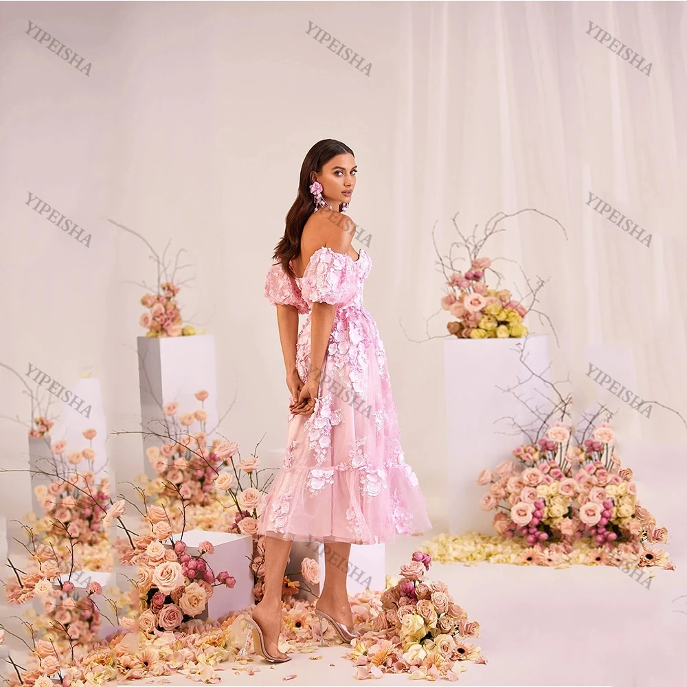 Customized Pink Tulle Sweetheart 3D Flowers Puffy Sleeves Zipper Back A-Line Dress 2022 Lovely Tea-Length Party Gowns Vestido