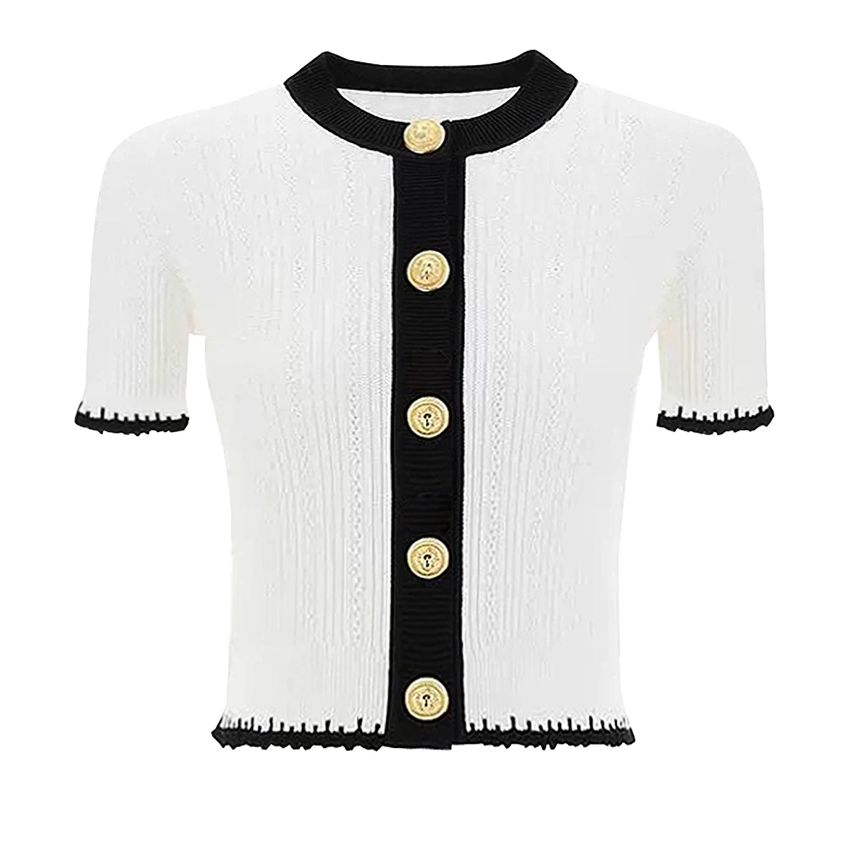 SML High Quality Four Color Fashion New Knitted Elastic Fabric Open Thread Lace Short Sleeve Round Neck Slim Fit Women Cardigan