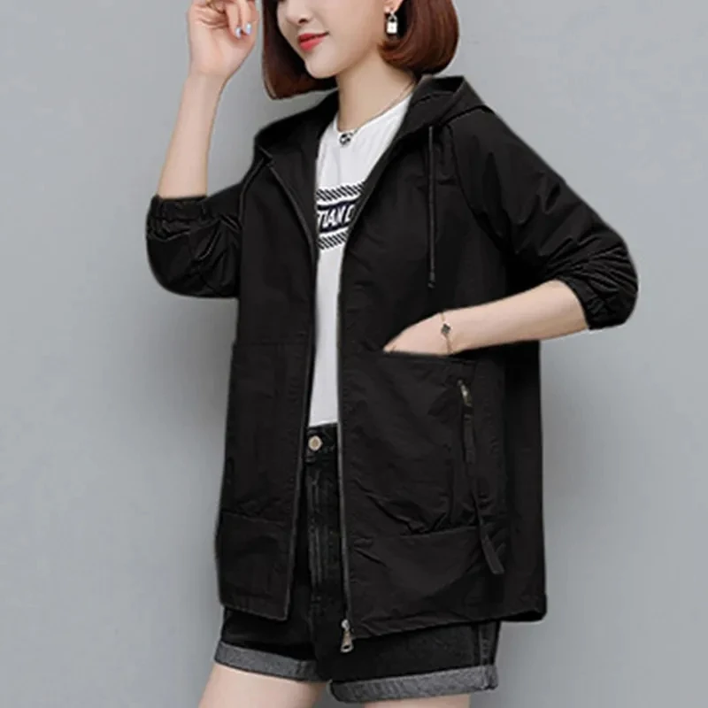 

New Autumn Women's Jackets Causal Hooded Windbreaker Famale Basic Coat Zipper Lightweight Jacket Outwear XQ128