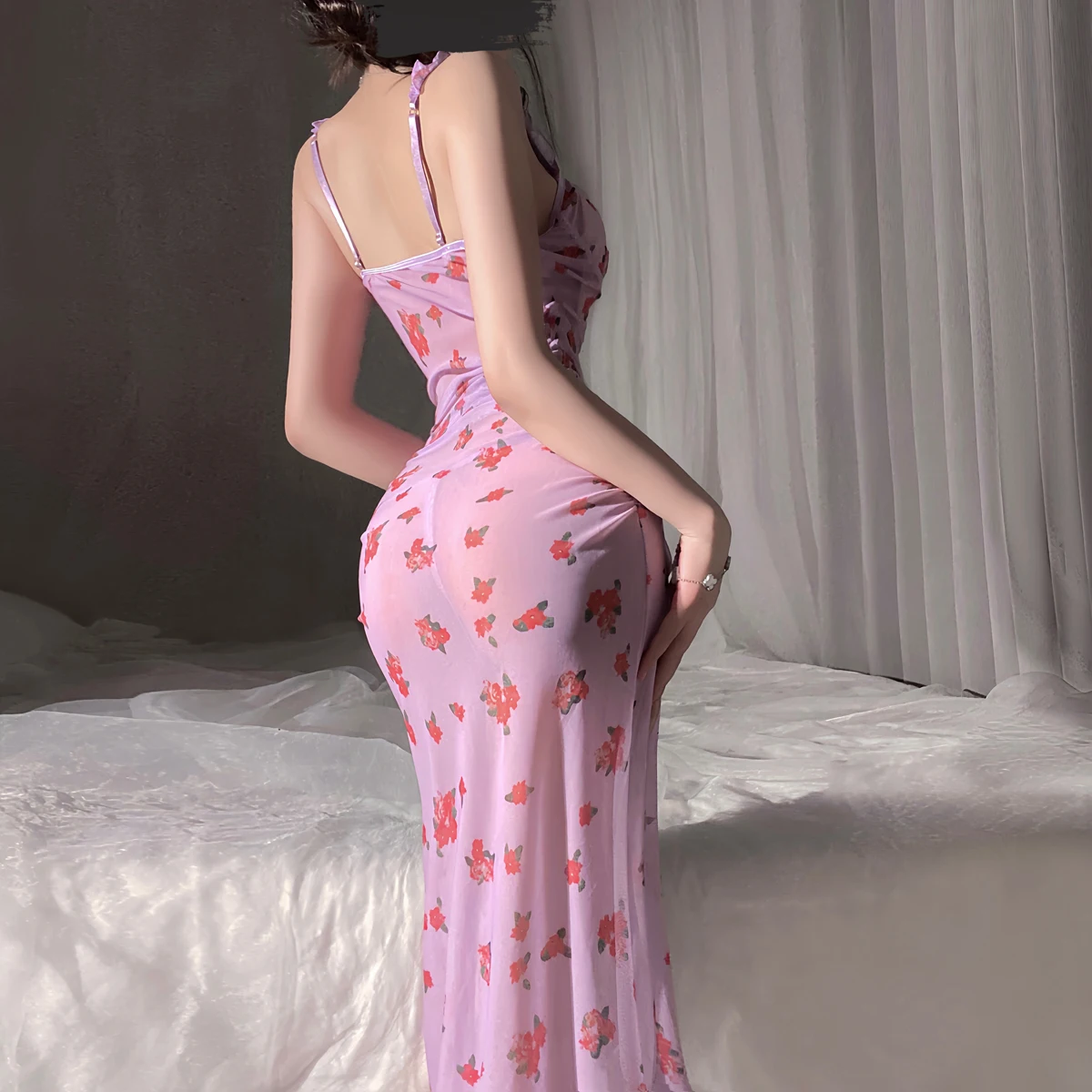 SsTss Vrouwen Sexy Lingerie Sleepdress Spaghetti Band V-hals Mouwloos Bloemenprint Ruches Slim See Through Hoge Split Lange Jurk