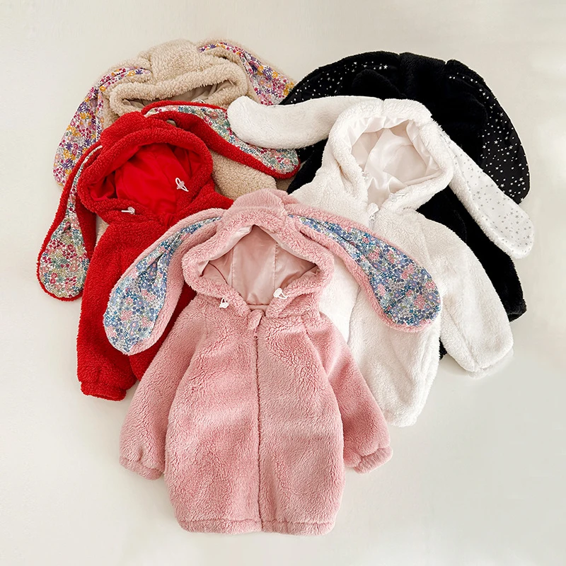 Autumn Winter Fleece Baby Girls Long Outwear Coat Baby Girl Jackets for 1-7Y Toddler Baby Warm Rabbit Hooded Baby Clothes