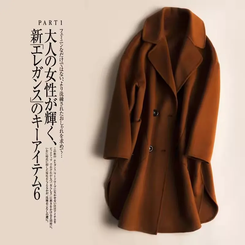 Damski wełniany płaszcz na jesień i zimę 2025, kołnierz wykładany, dwurzędowy, wełniany płaszcz w kolorze camel, ciepły płaszcz damski.