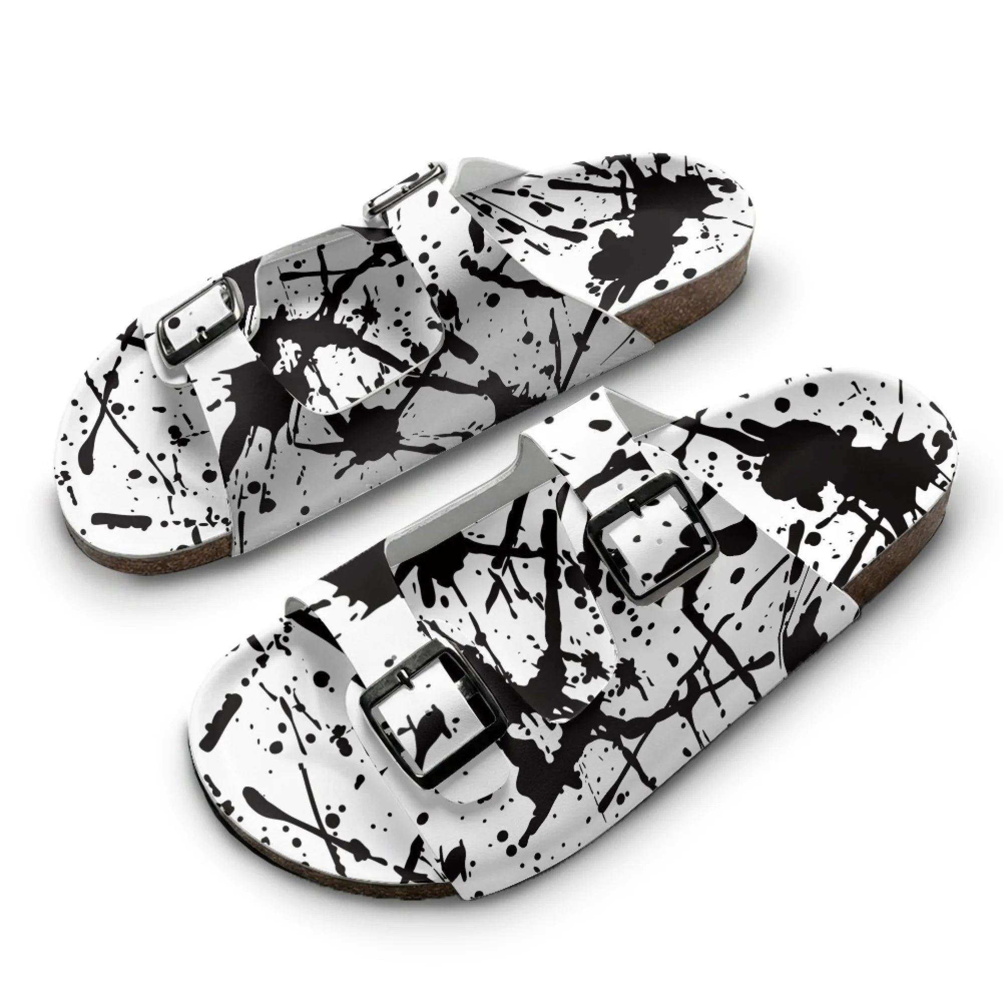

Splashing Ink Print Home Custom Slippers High Quality Unisex Casual Double Buckle Double Strap Wooden-soled Slippers
