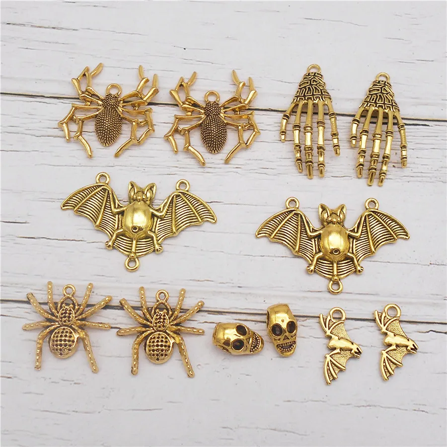 6PCS Zinc Alloy Halloween Charms Antique Gold Color Skul Bat Spider Hand Bone Pendant Necklace Bracelet Jewelry Accessory