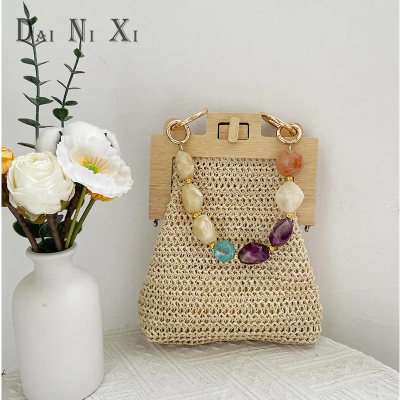 Summer Fashion Wooden Handle Woven Clip Bag Ladies Shoulder Messenger Luxury Handbag Women Straw Bags