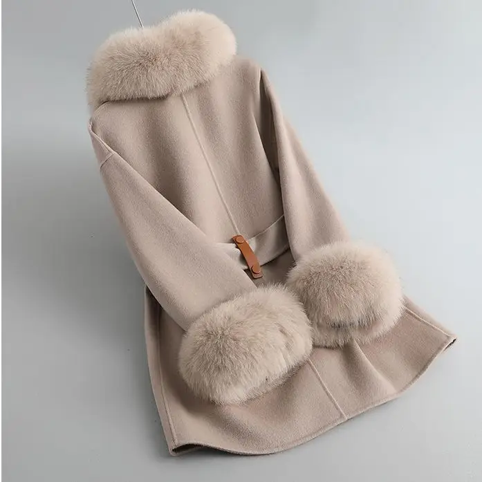 

Autumn/Winter New Fox Hair Collar High Rui Double sided Cashmere Coat Women's Mid length Wool Double sided Woolen Coat 2024