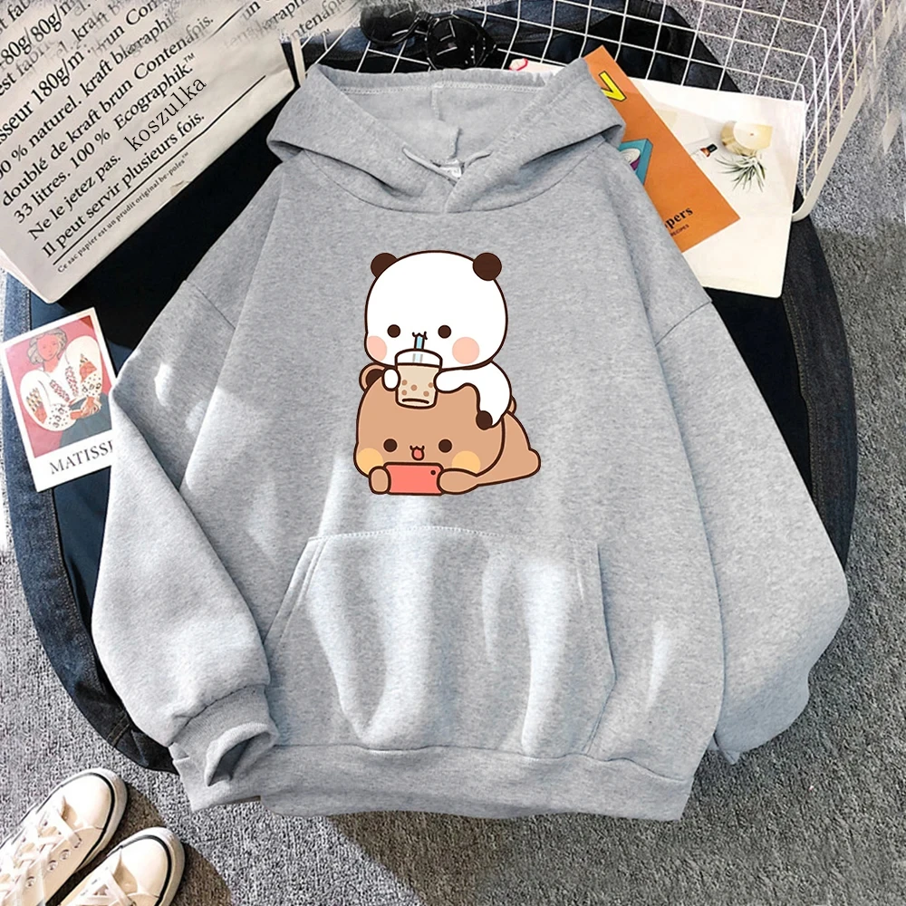 Sudadera holgada de manga larga para mujer, ropa Kawaii de talla grande, Tops con estampado de té de burbujas, Bubu y Dudu Drink, Harajuku